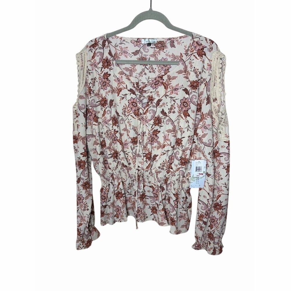 Wild Moss Blouse Womens XL Ivory Floral Metallic Peplum Cold Shoulder LS nwt